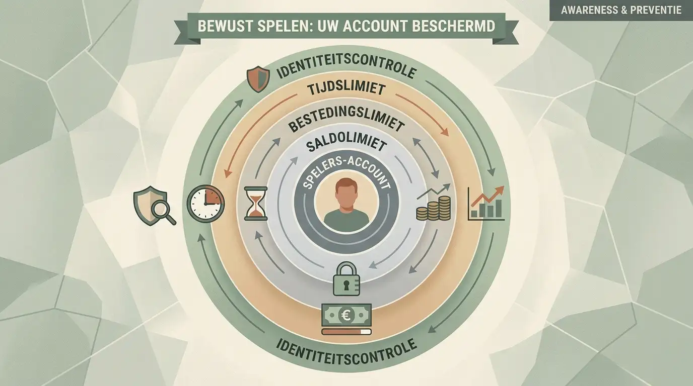 Rustige illustratie van beschermingslagen rond spelerslimieten en identiteitscontrole