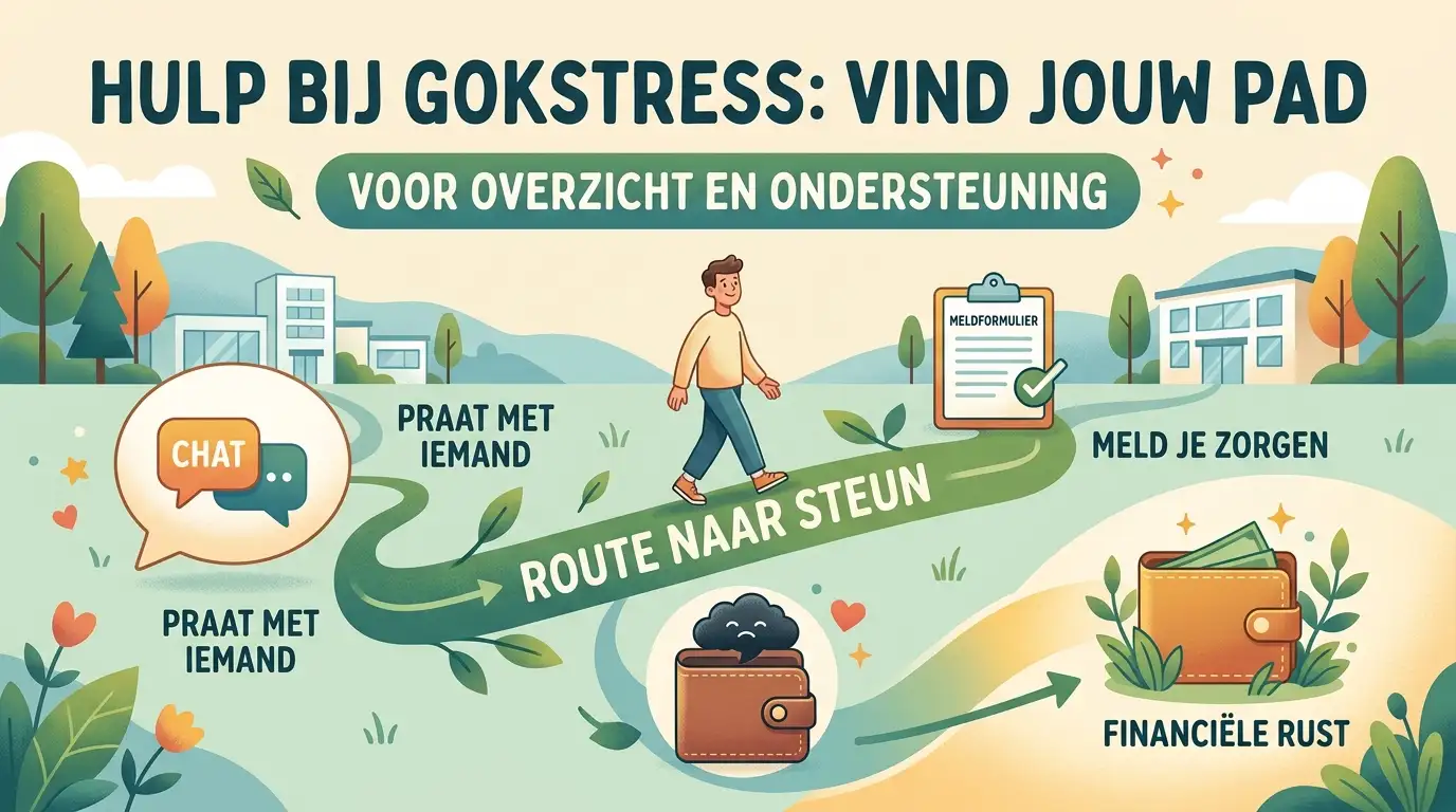 Rustige hulpkaart met routes voor gesprek, melding en geldstress