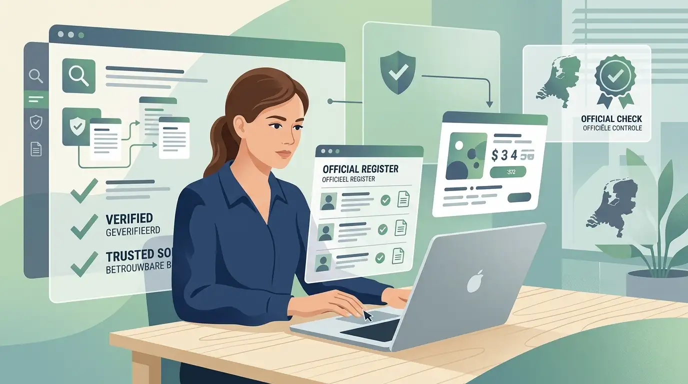 Persoon controleert een aanbieder via een officieel register op een laptop