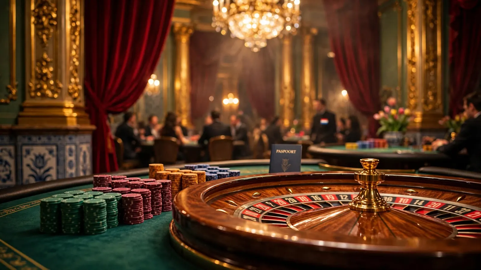 Luxueus Europees casino-interieur met roulettewiel, kleurrijke fiches en gouden kroonluchterverlichting