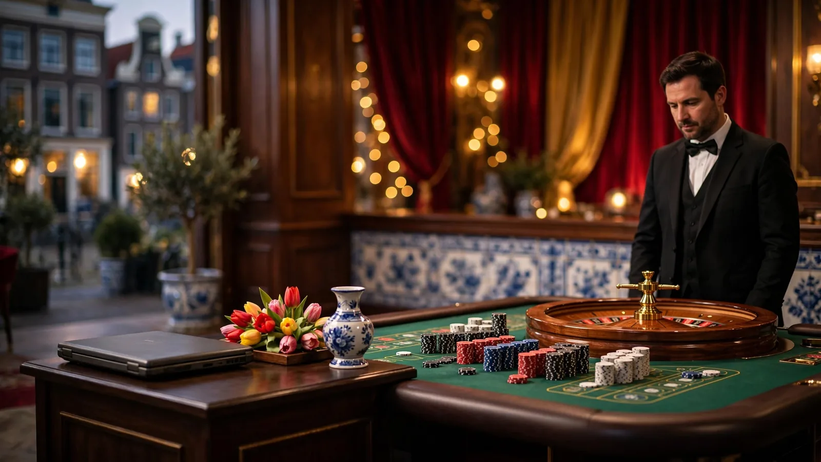 Elegante live casinostudio met roulette en een professionele croupier