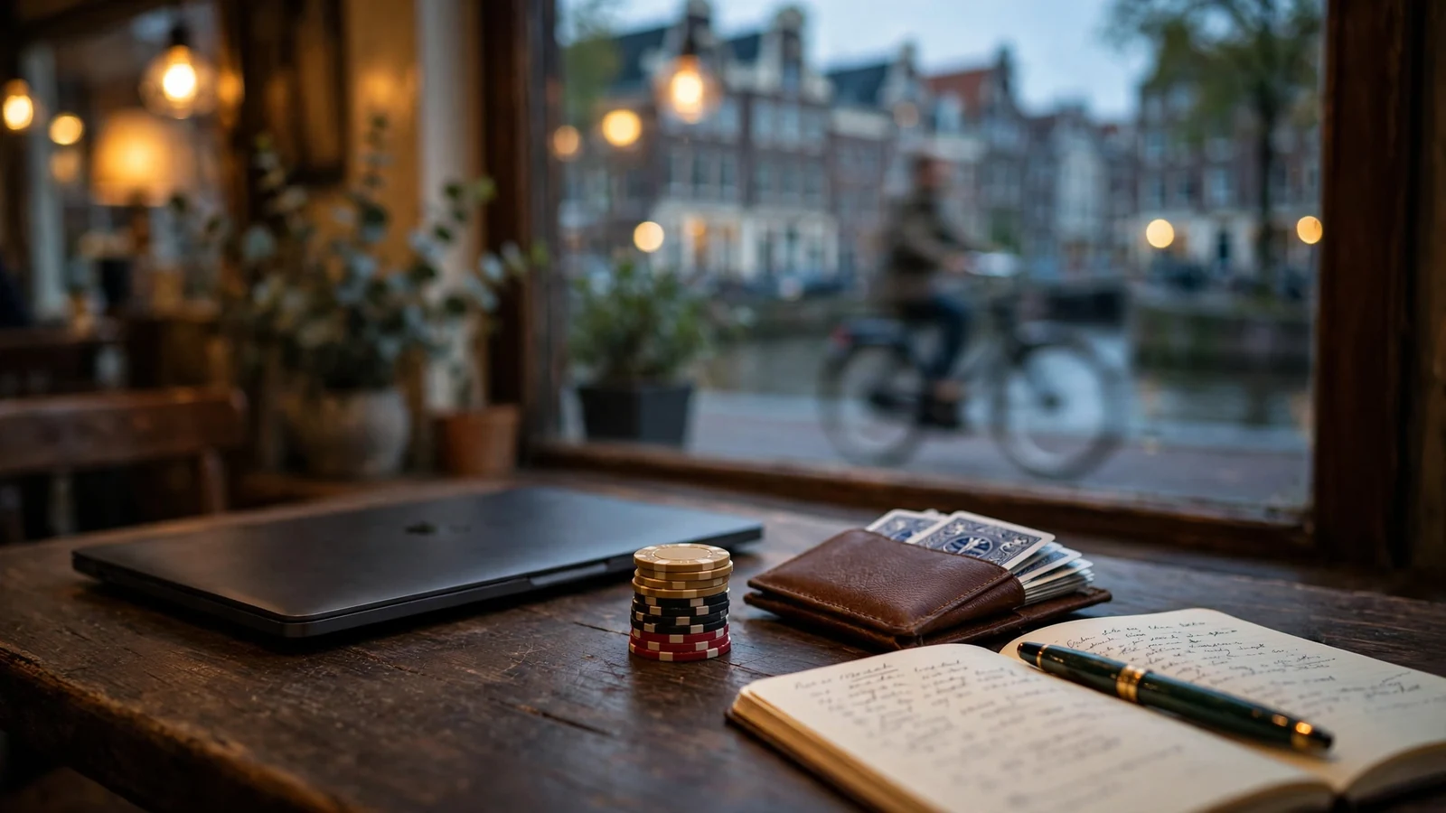 Amsterdam cafétafel met gesloten laptop, fiches en speelkaarten