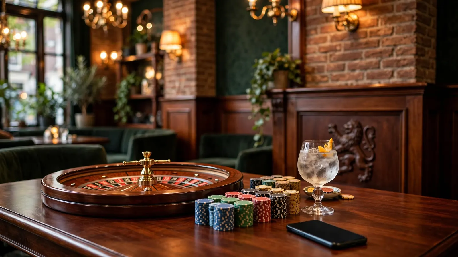 Stijlvolle Nederlandse casino lounge met roulettewiel en speelfiches op tafel