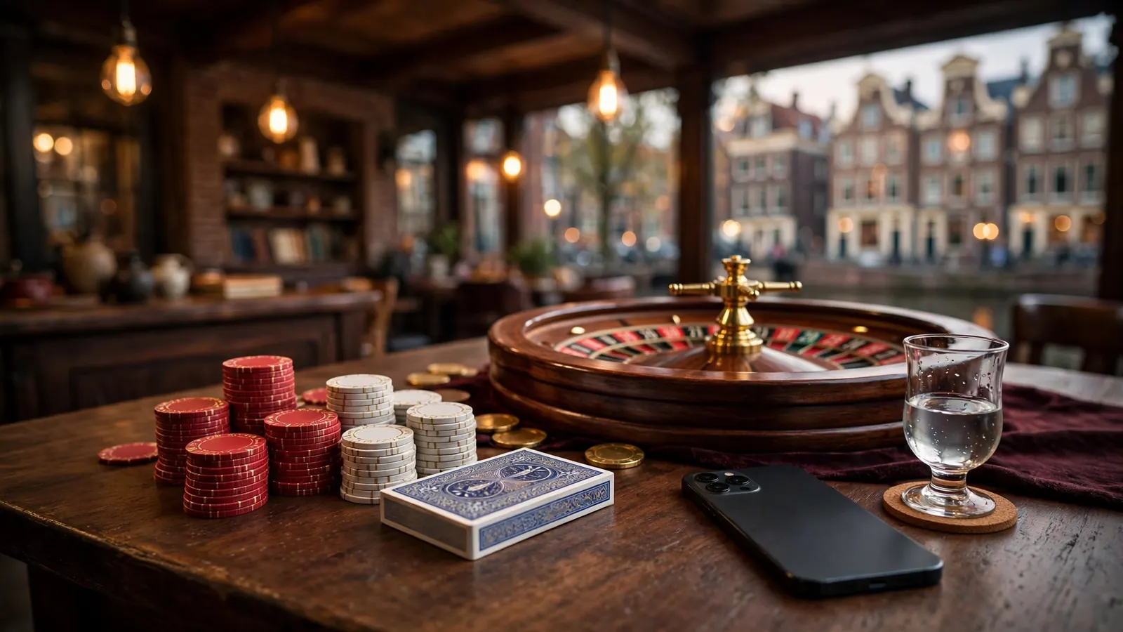 Stijlvolle casinotafel met roulette, fiches en speelkaarten in een warme Nederlandse sfeer