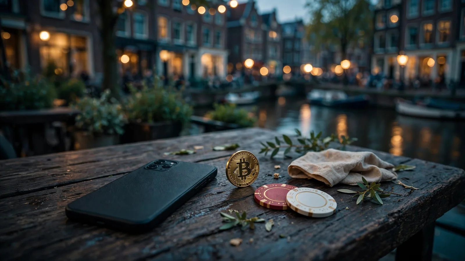 Smartphone op tafel naast Bitcoin-munt en casinofiches in Amsterdam