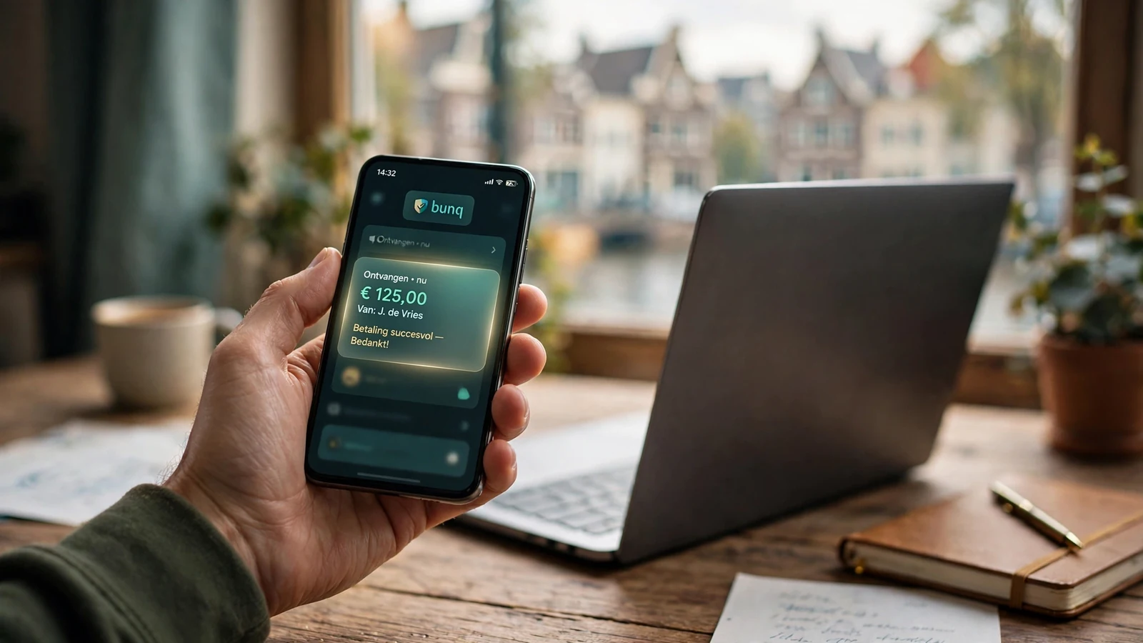 Hand met smartphone en laptop op een bureau in een Nederlands kantoor