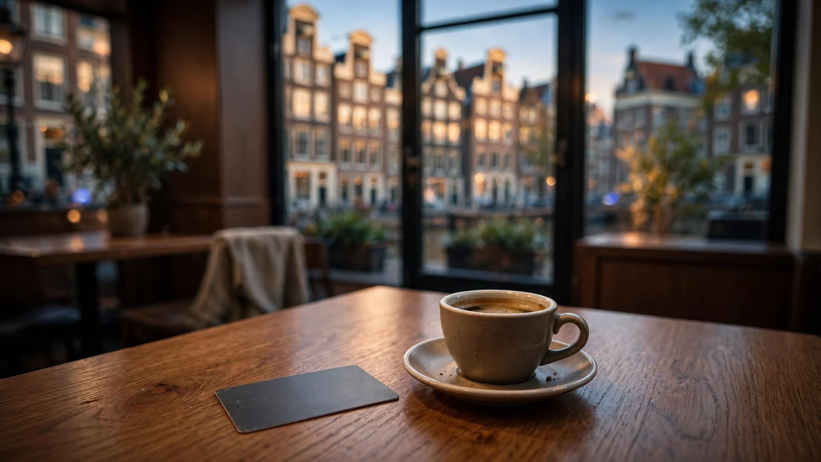 Creditcard naast een kop koffie in een bruin café met grachtenpanden op de achtergrond