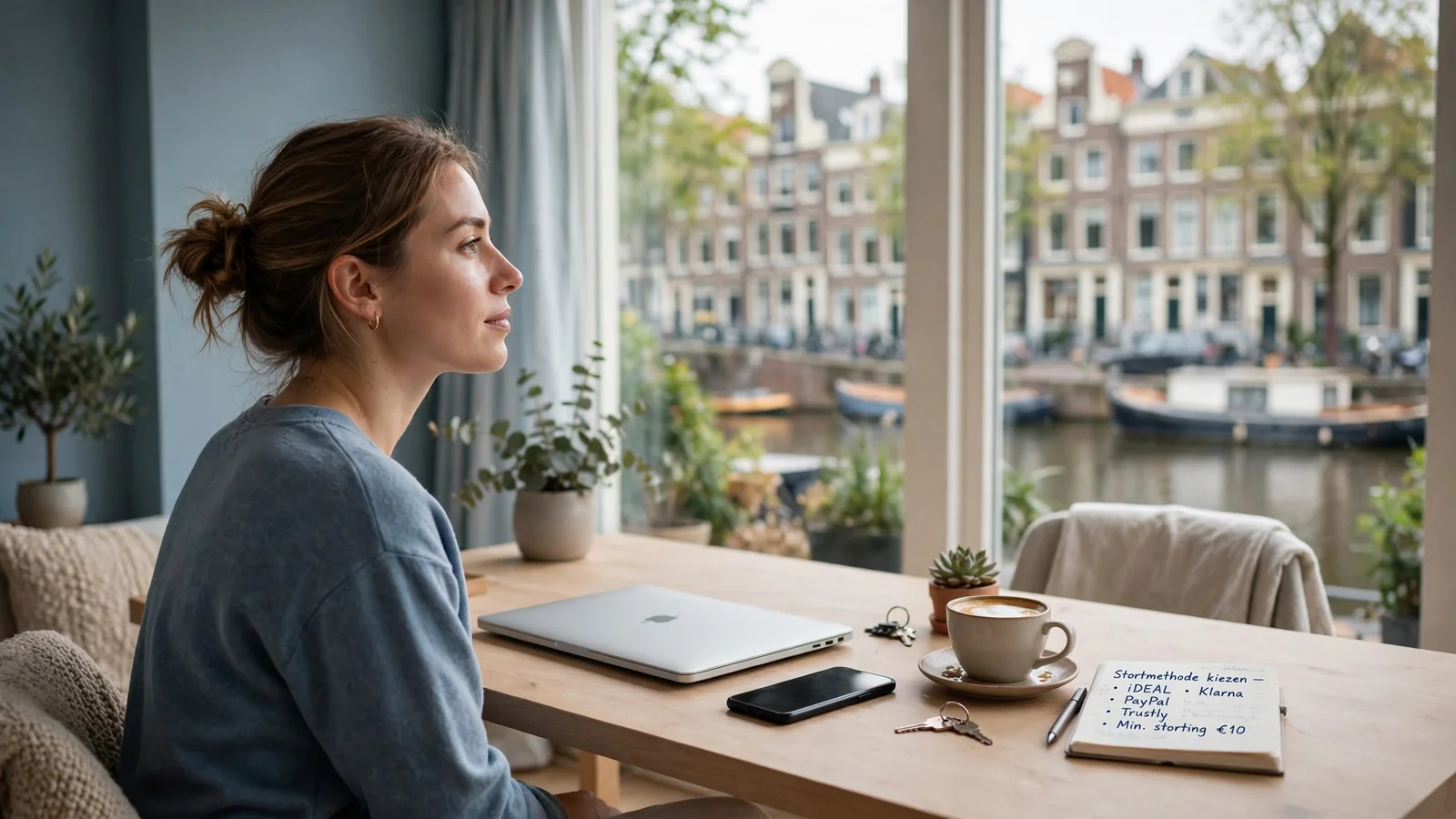 Persoon aan bureau met dichte laptop in Nederlands interieur
