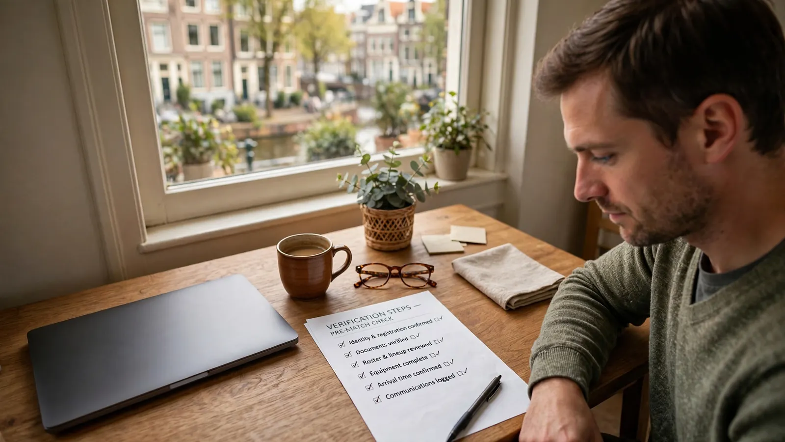 Nederlandse speler controleert aanbieder bij bureau met gesloten laptop.