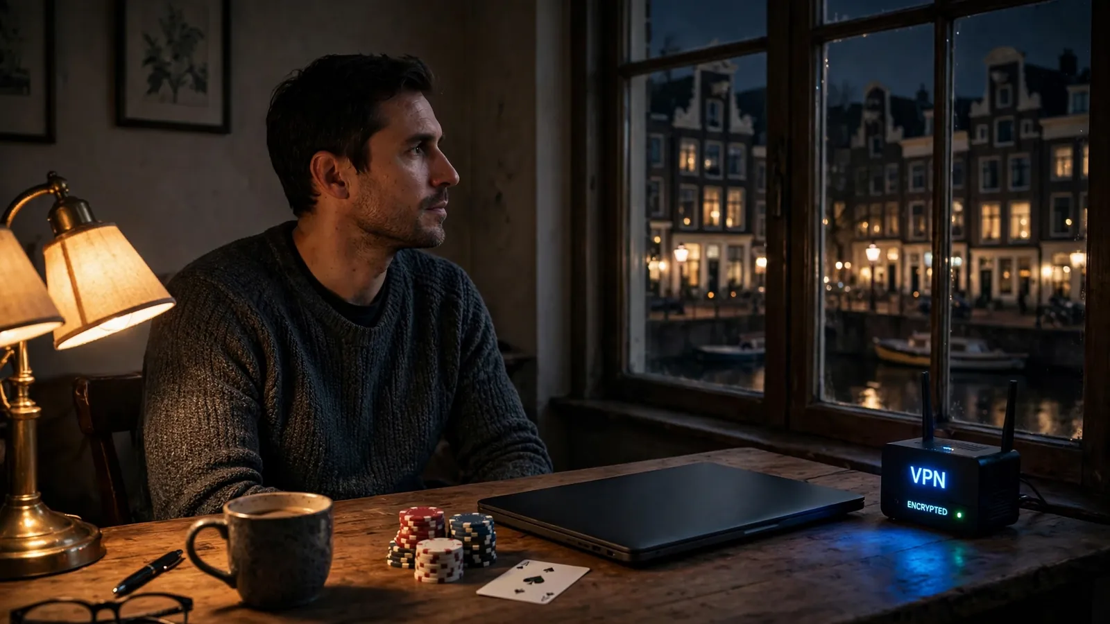 Gesloten laptop op bureau met casinofiches en gloeiende VPN-router