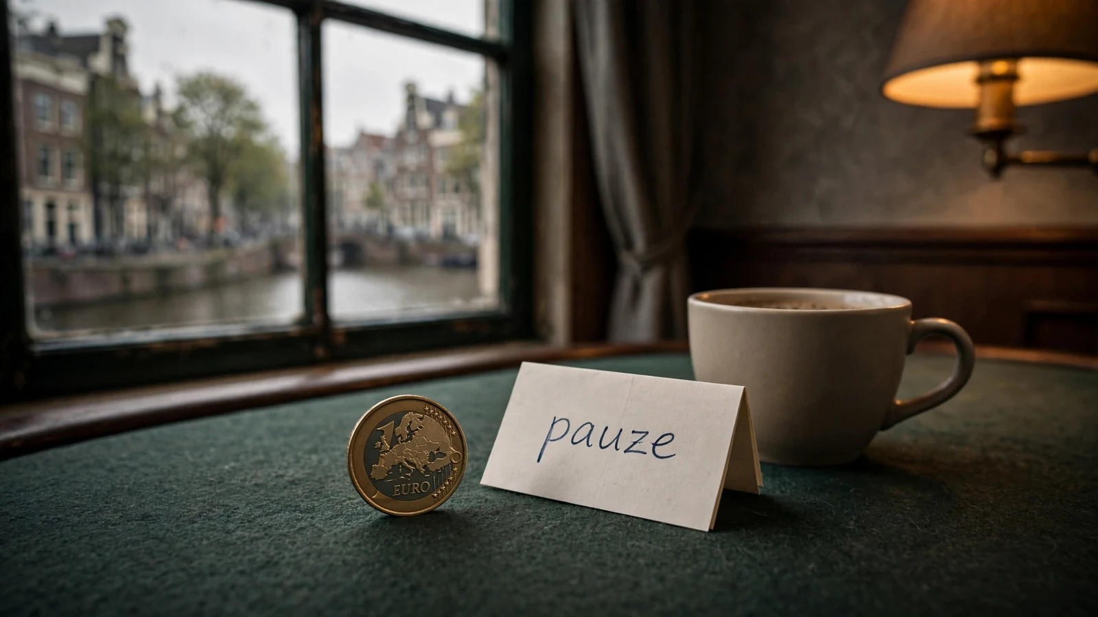 Een euromunt op een casinotafel met een briefje met 'pauze' ernaast in een Nederlands interieur