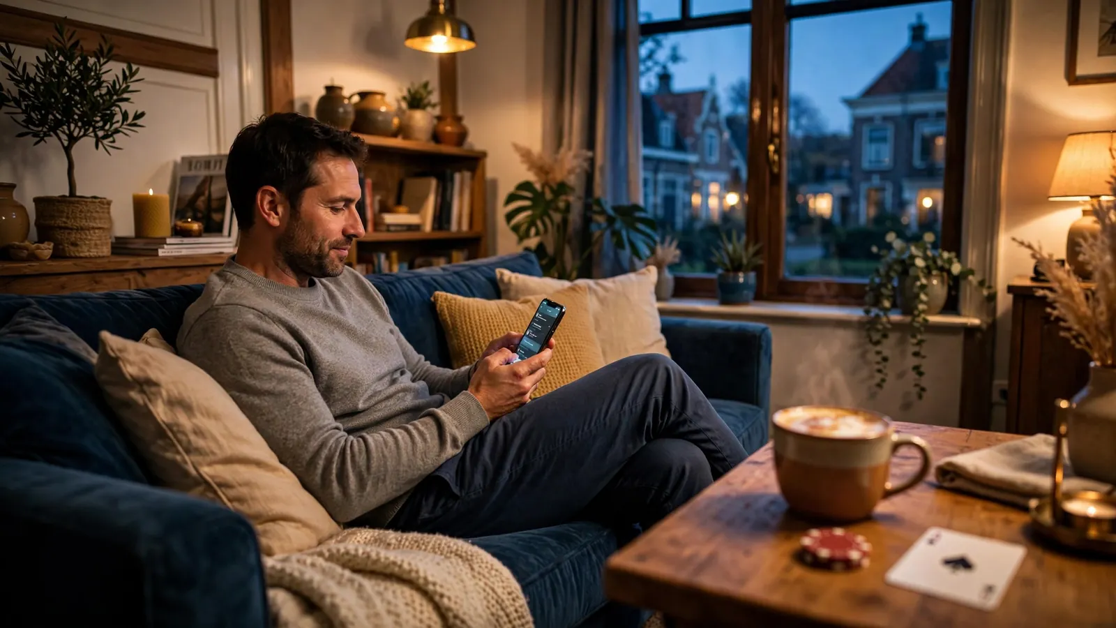 Persoon ontspannen op de bank met smartphone in sfeervol verlichte woonkamer