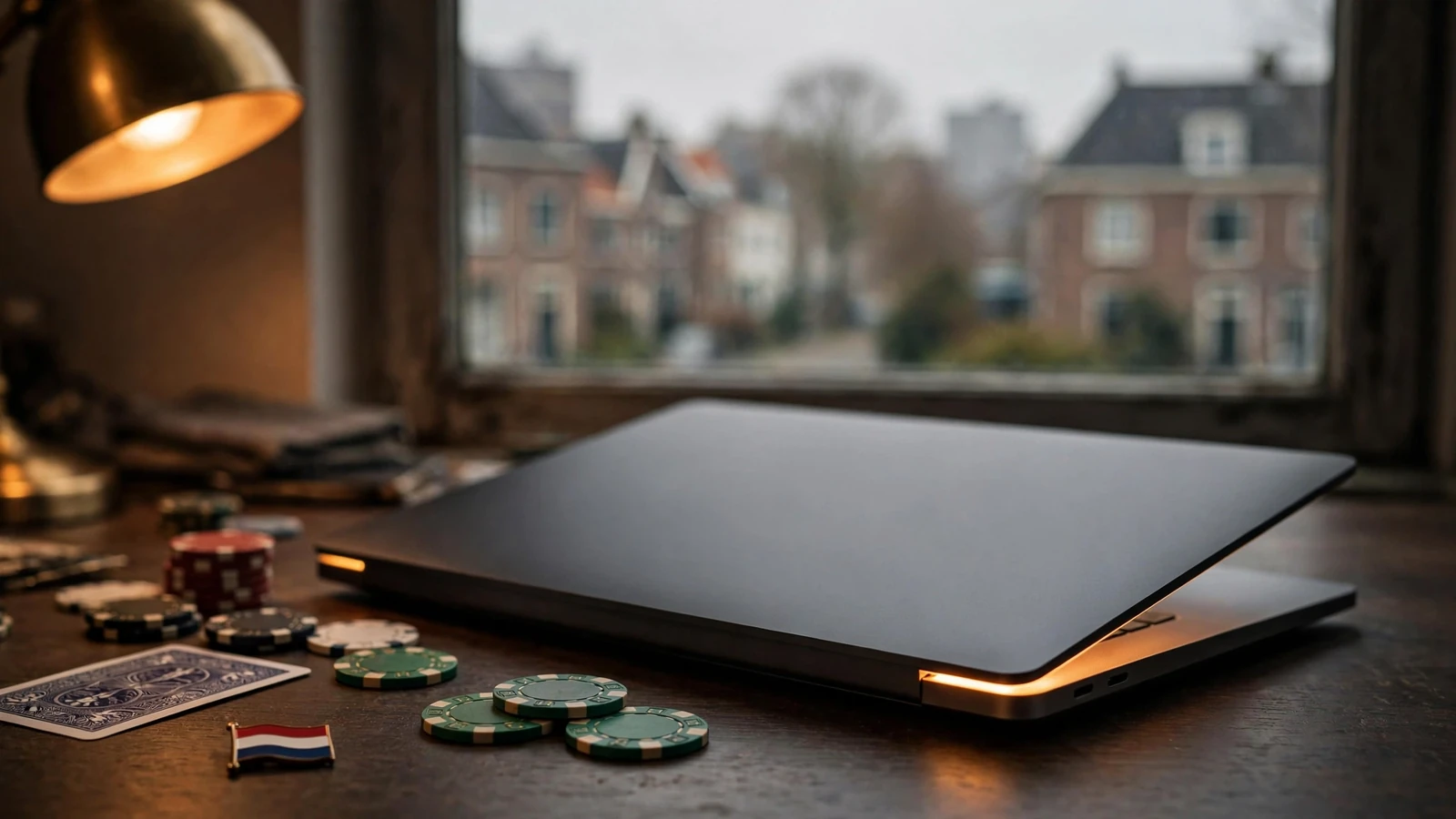 Laptop met afgekeurde goksite, Nederlandse vlag en fiches op bureau