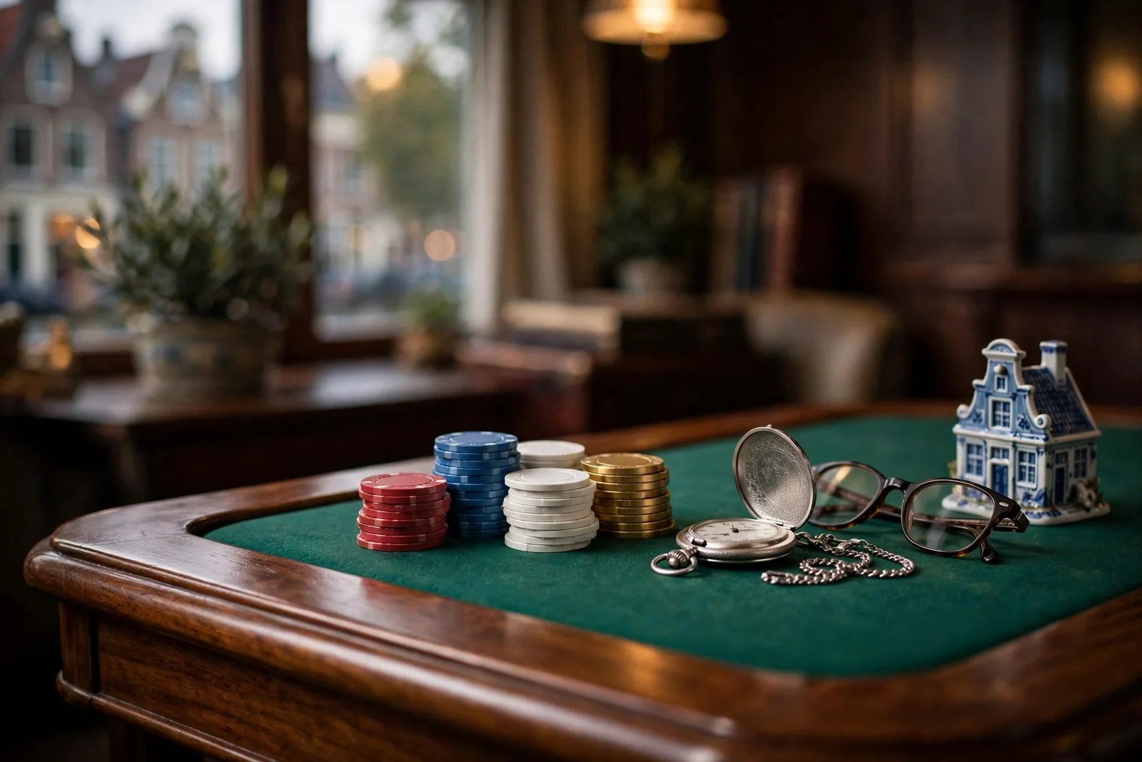 Casino tafel met fiches en Nederlands huisje
