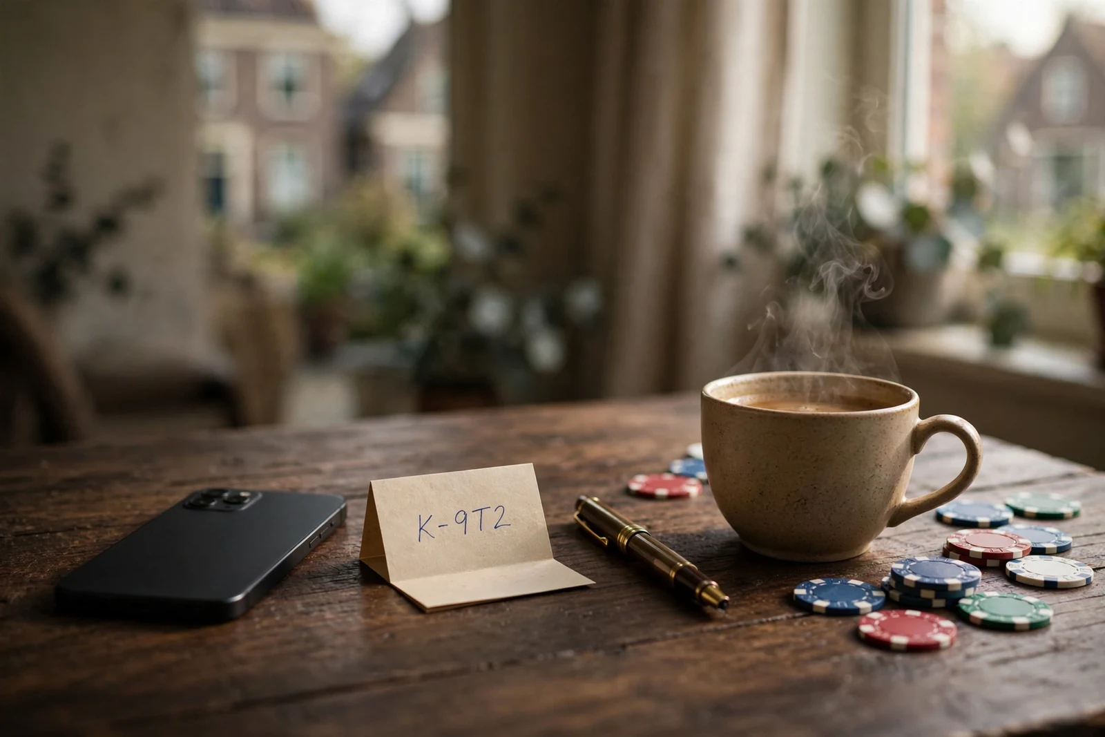 Smartphone met briefje met casino-promotiecode op een houten tafel