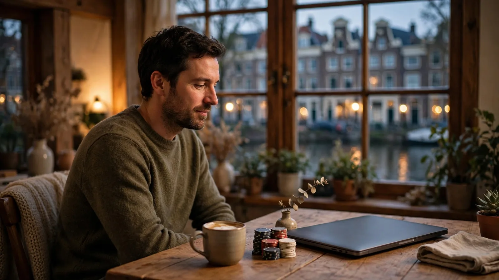 Persoon aan tafel met casinofiches en laptop in een Nederlands huis