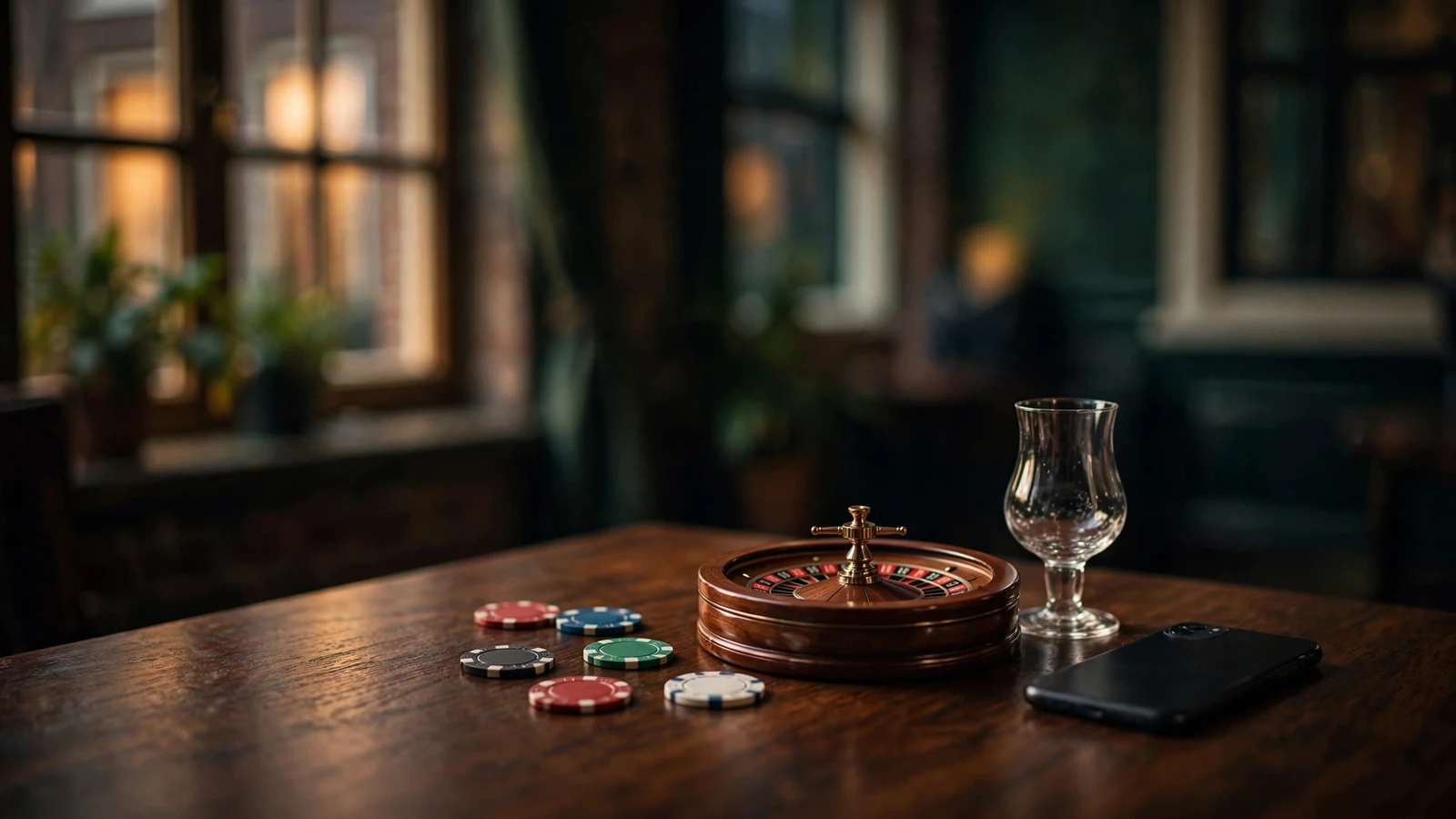 Houten tafel met casinofiches, roulettewiel en een donker smartphone-scherm in sfeervol Nederlands interieur