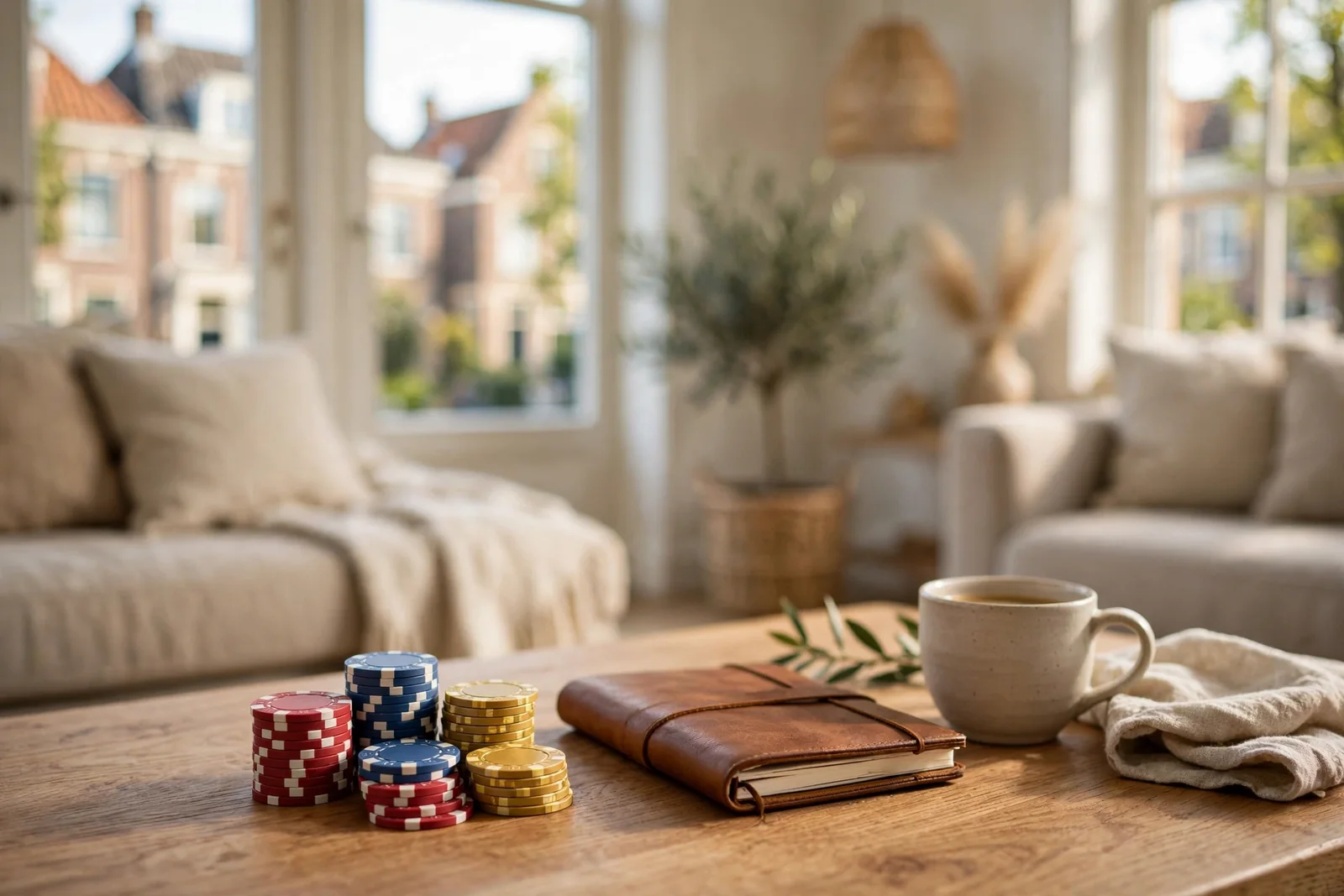 Stapel casinofiches op een salontafel in een modern Nederlands interieur