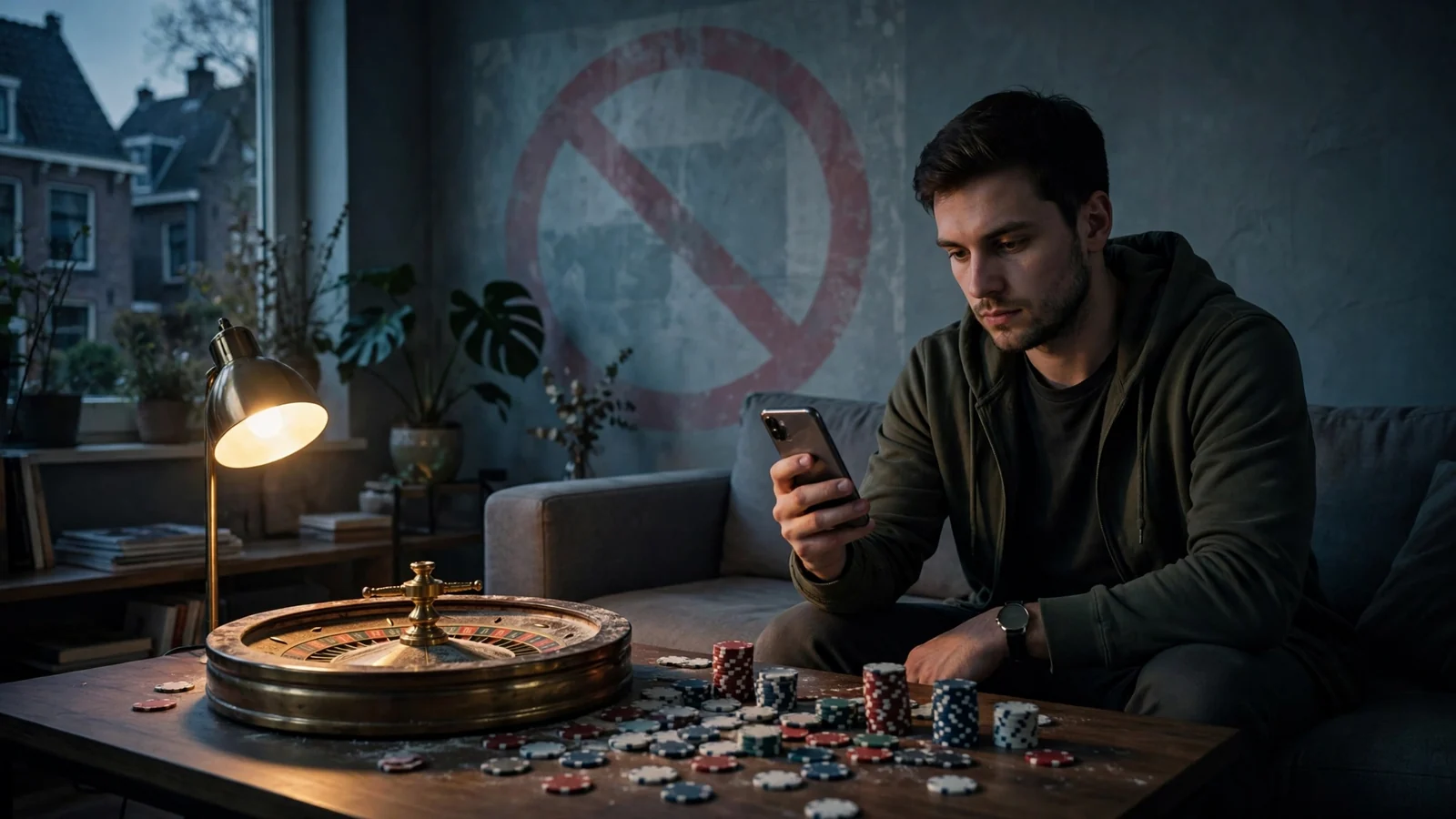 Man met telefoon en casinofiches, verbodsteken op de achtergrond