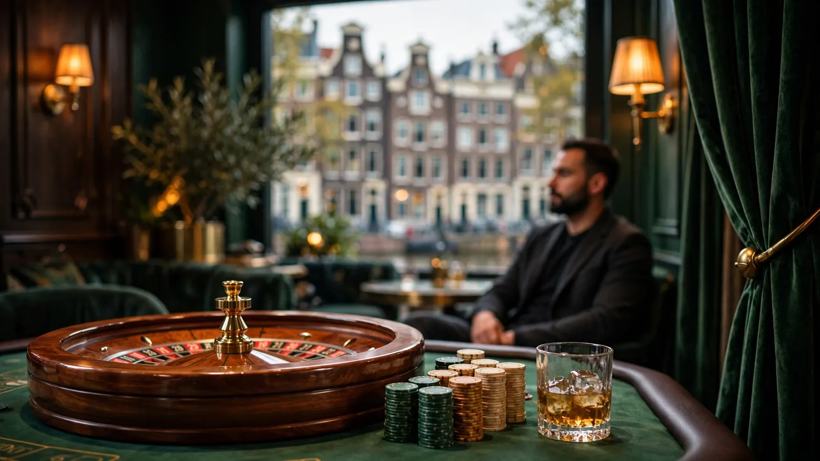 Luxe privé casinokamer in Amsterdam met roulettewiel en chipstapels
