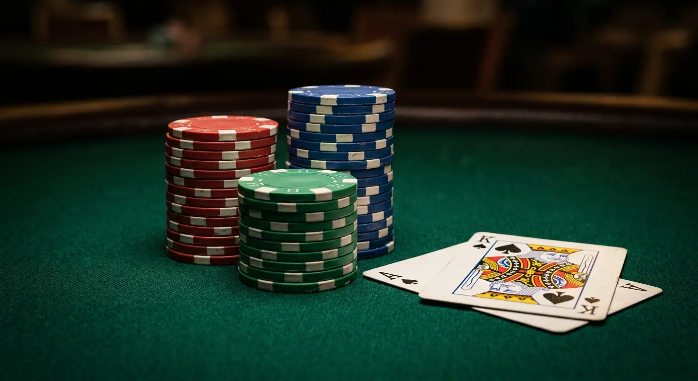 Spelaanbod casino zonder Cruks met pokerfiches en kaarten op vilt